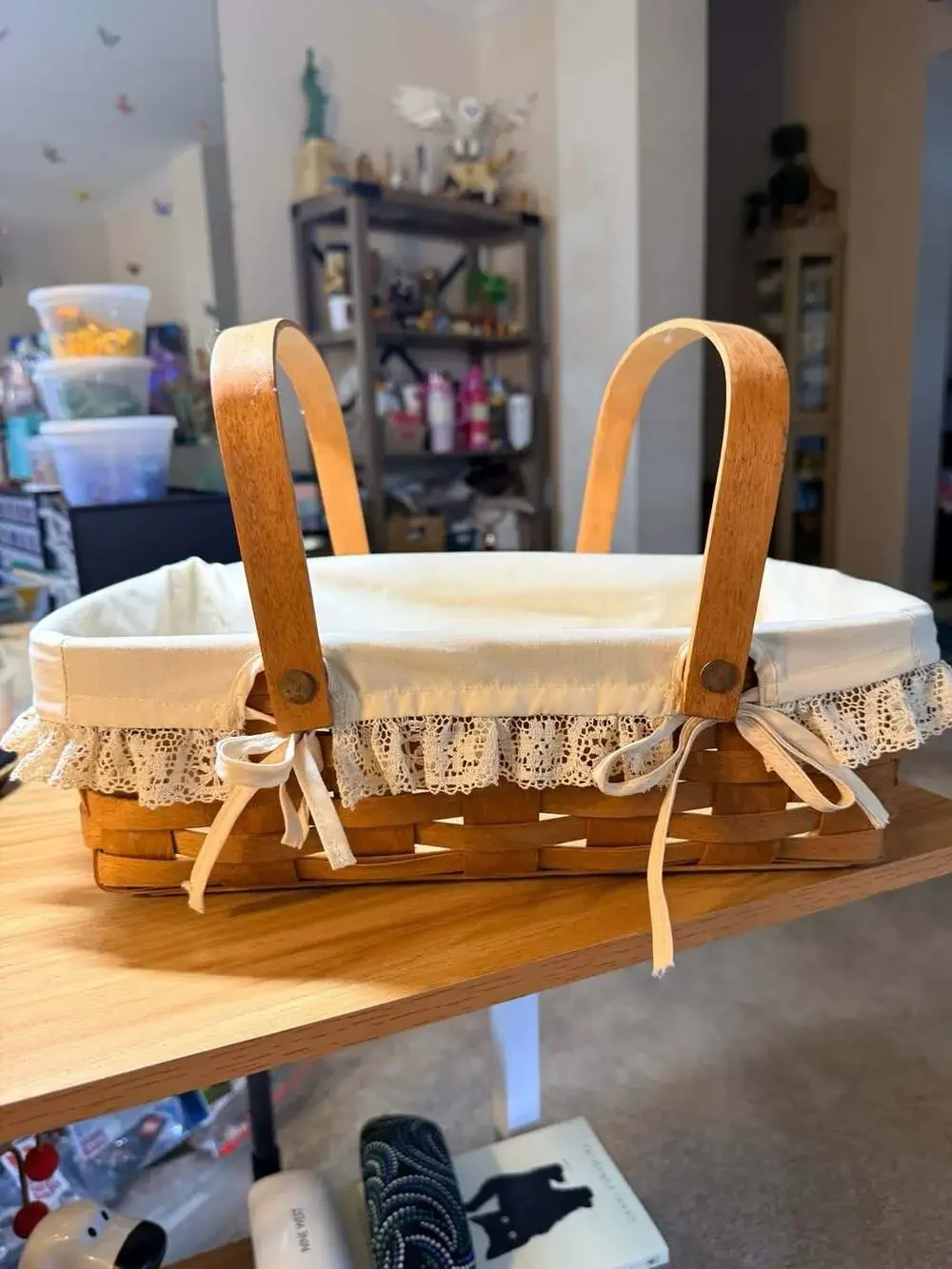 Vintage 1991 Longaberger Handled Basket with Lace-Trimmed Liner